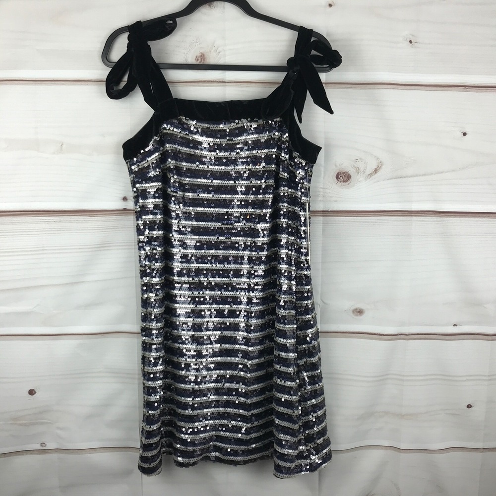 Aqua Dress Women M Black Sequins Striped Shift Velvet Tie Straps Mini Sleeveless